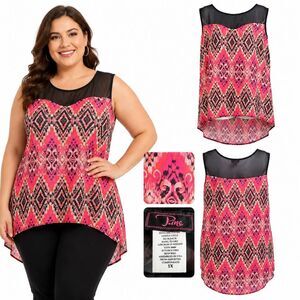 Plus Size Pina Women’s Pink Aztec High-Low Sleeveless Top 1X Sheer Yoke